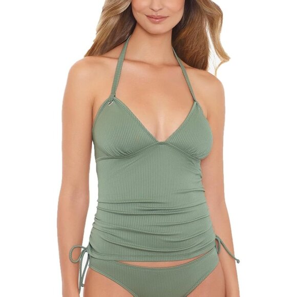 Salt + Cove Olive Green Halter Tankini Swim Top Ribbed Cinch Sides L - Picture 1 of 6